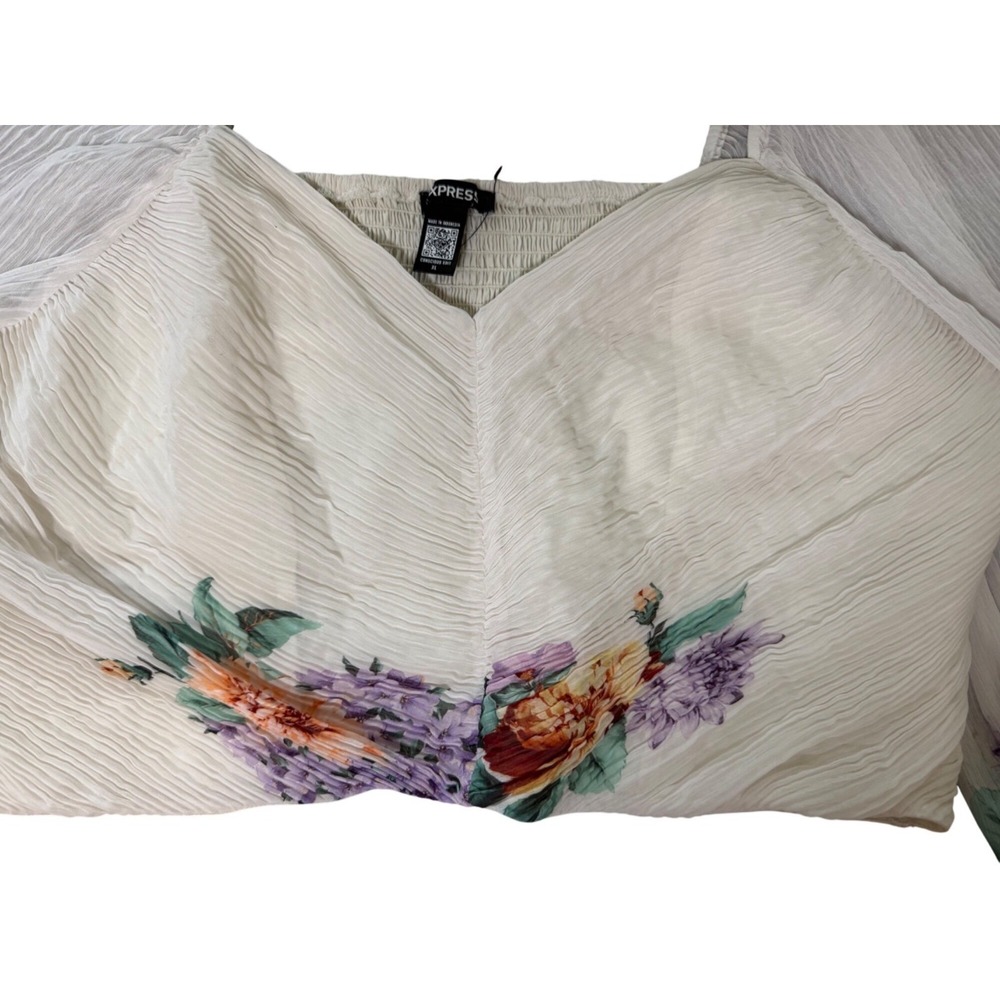 Express Floral Off-Shoulder Blouse XL Recycled‎ Polyester White w/Purple Orange - Picture 4 of 6